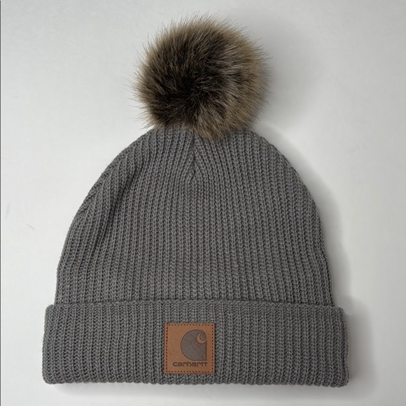 Carhartt Accessories - NWOT Carhartt Gray Knit Beanie with Faux Fur Pom Pom Cuffed Hat Unisex OS